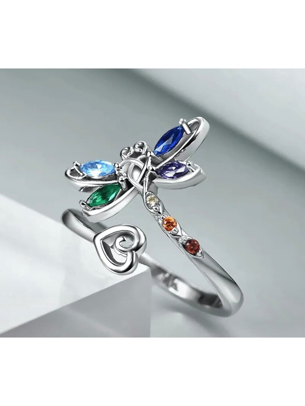 New - Gorgeous Silver Butterfly Adjustable Ring with Multi- Color Glass Stones